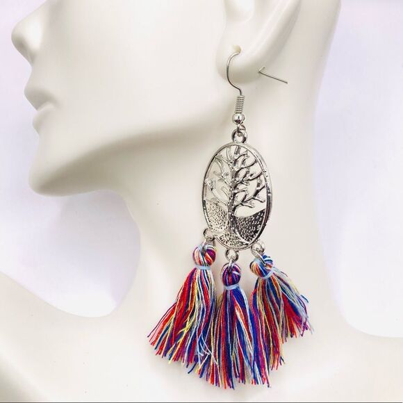 Silver Tree pendant colorful Long Tassel Earrings - Picture 3 of 4